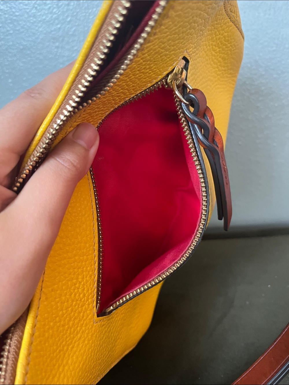 Dooney & Bourke Yellow Pebbled Leather Shoulder Bag with Brown Trim - Picture 14 of 15